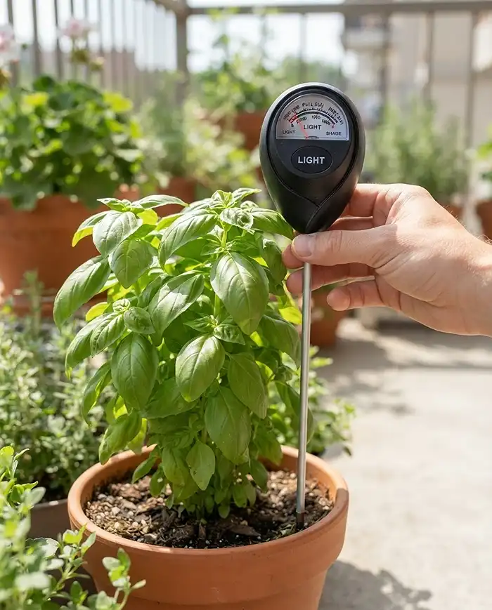 How to Measure Sun Exposure on Balcony Without Guessing 4 Light meter held at leaf-canopy height beside a potted herb to read actual balcony light intensity