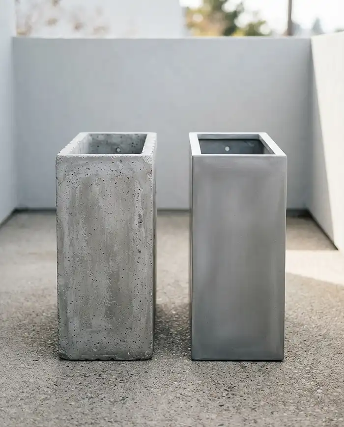 Tall Balcony Planters for Privacy That Work 2 Lightweight fiberglass trough compared with a heavy concrete-look planter for balcony privacy screens.
