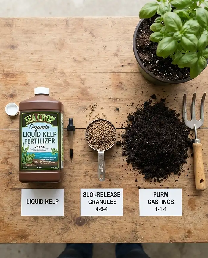 Fall Container Fertilizer Schedule 2 Liquid kelp, granular organics, and worm castings compared for a fall container fertilizer schedule.