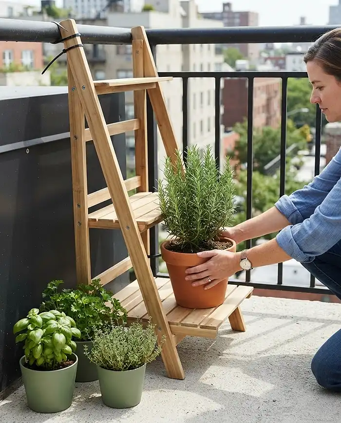 Balcony Herb Shelf Ideas for Stylish Apartments 4 Loading the heaviest herb pots onto the bottom shelf tier and securing the shelf to the railing.