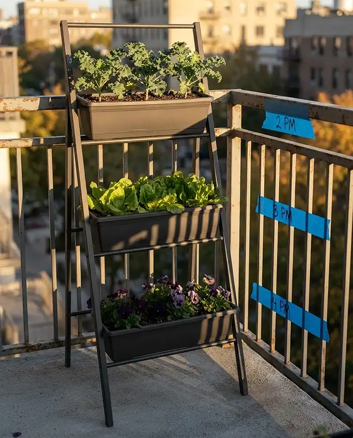 Fall Vertical Ladder Garden Ideas for Small Balconies 2 Low fall sun casting the top ladder tiers shadow over lower troughs, with tape marks tracking the shadow line.