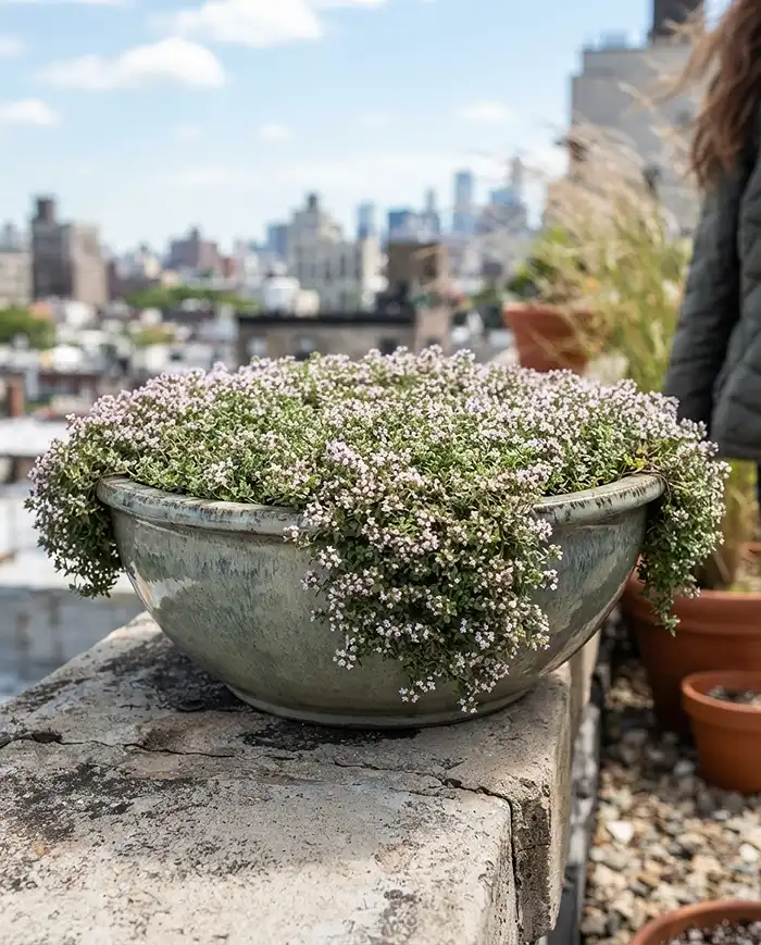 Wind Tolerant Herbs for Balcony Gardens That Thrive 2 Low-profile creeping thyme in a wide shallow bowl, a wind tolerant herb for balcony gardens.