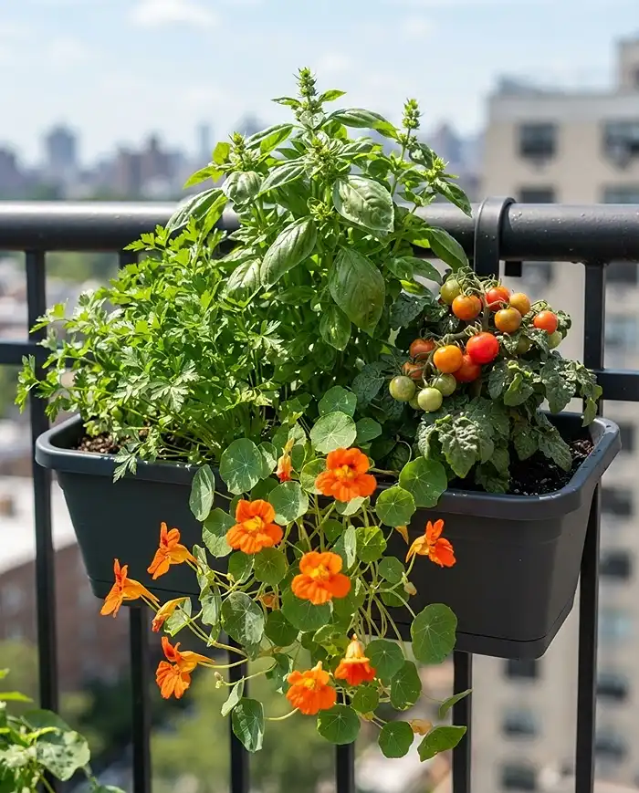 Hanging Planters for Balcony Railing That Save Space 3 Lush edible railing box of basil, parsley, compact tomato, and nasturtium, one of the best peppers for balcony containers companions in a full-sun rail garden