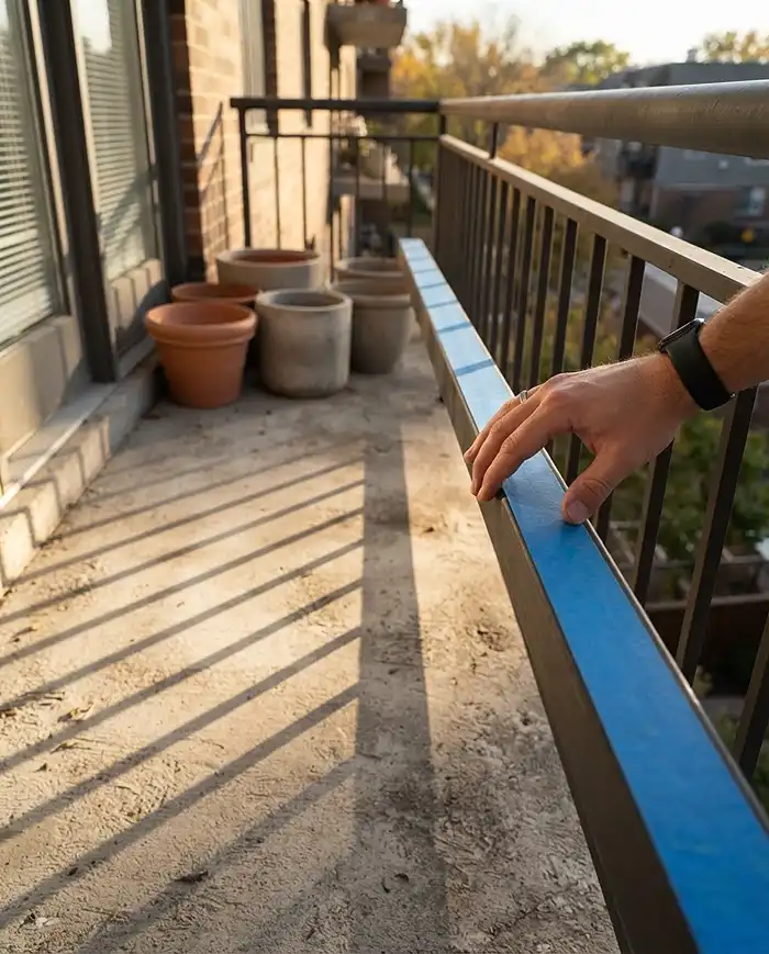 Autumn Balcony Garden Ideas With Cozy Fall Colors 2 Marking the low autumn suns reach on a balcony railing with tape to find fall sun pockets for blooming plants