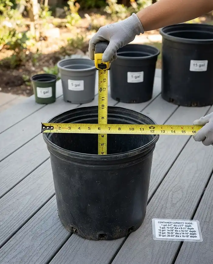 Pot Size for Tomatoes Peppers and Cucumbers 2 Measuring a pot diameter and depth in inches beside a gallon conversion card to translate nursery sizes=