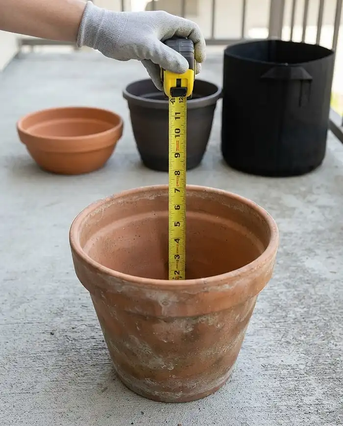 Pot Depth for Vegetables 3 Measuring interior pot depth with a tape measure to get pot depth for vegetables right before planting