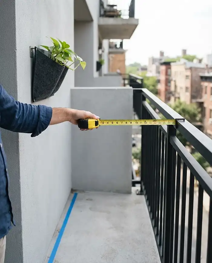 Slim Vertical Garden Balcony Ideas for Small Spaces 2 Measuring wall-to-railing clearance with a tape measure to keep a slim living wall under six inches deep