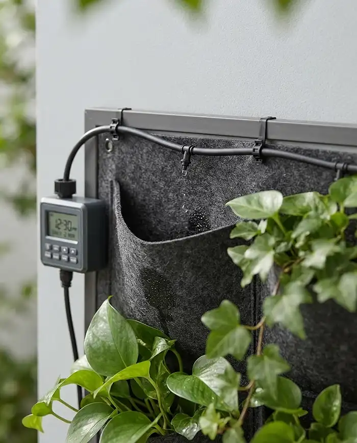 Slim Vertical Garden Balcony Ideas for Small Spaces 5 Micro-drip line and battery timer along the top of a slim living wall feeding water down through the pockets. slim vertical garden balcony