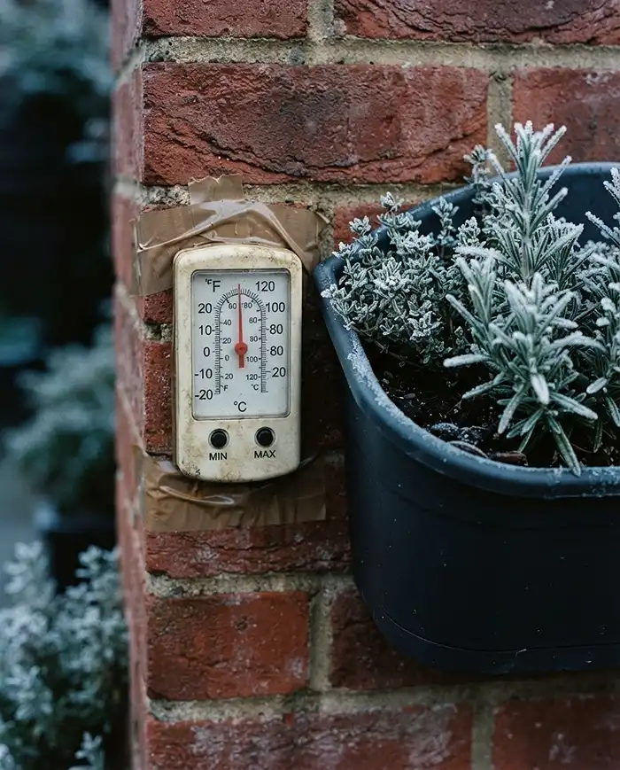Vertical Herb Wall Ideas for Transitional Seasons 2 Minmax thermometer taped to a brick wall to track overnight lows before planting a herb wall.