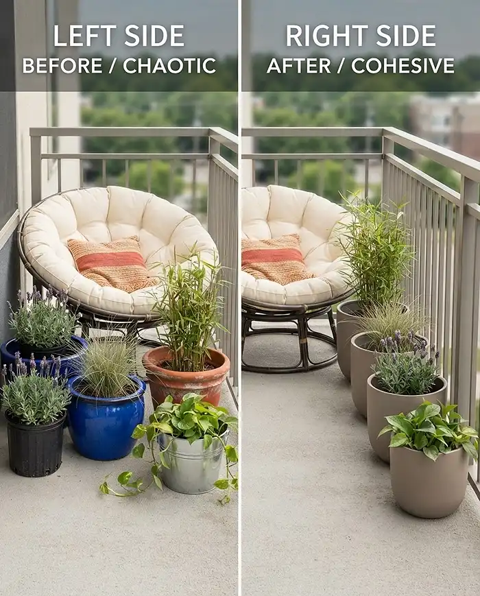 Balcony Reading Nook Ideas With Cozy Container Plants 5 Mismatched pots versus unified warm-grey ceramic pots around a chair, showing how one palette fixes visual clutter.
