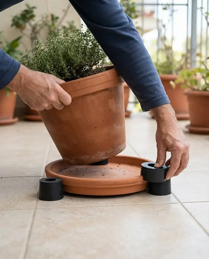 Best Pot Feet for Drainage 5 Moving pot feet out toward the base rim to balance a wobbling elevated planter and stop it tipping