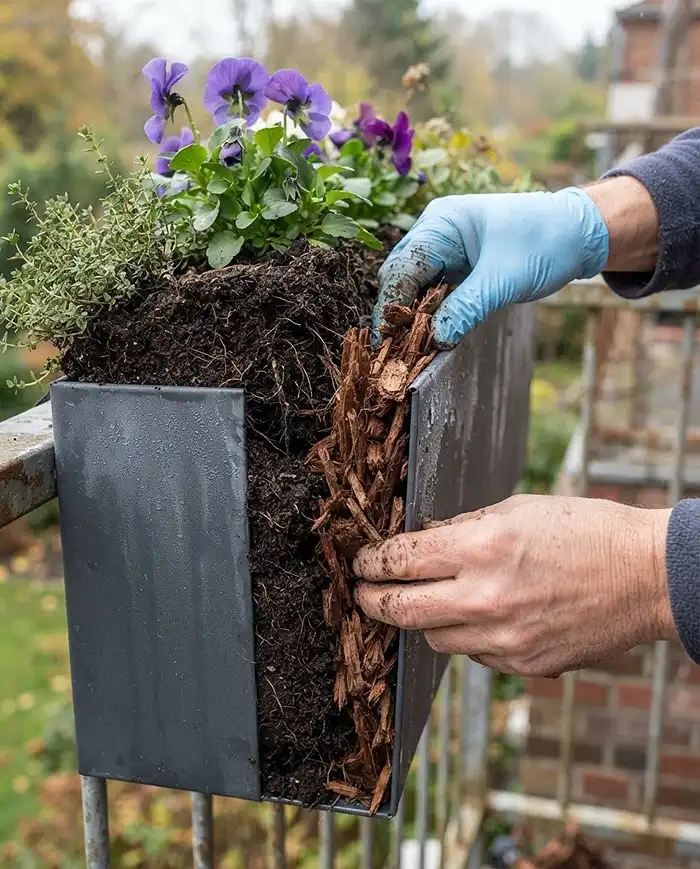 Mulching the exposed perimeter of a railing box to insulate root hairs against wind-chill in cold fall weather