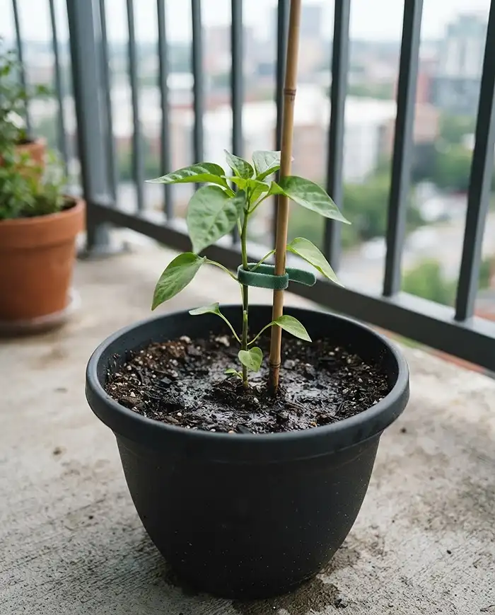 Best Peppers for Balcony Containers 5 Newly planted pepper seedling staked with a bamboo cane in a container on a balcony.