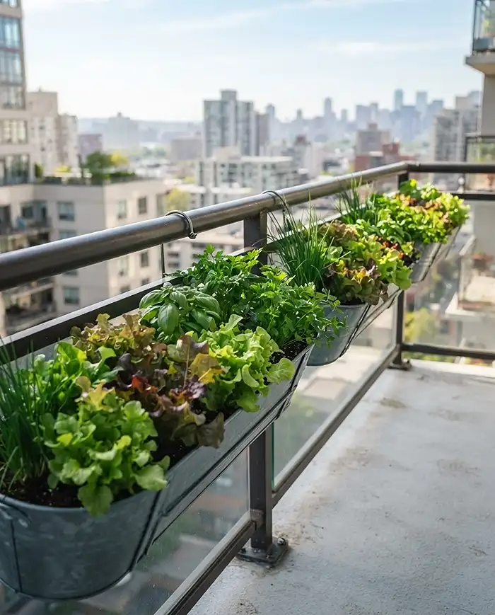 Renter Friendly Balcony Garden: Zero-Drill Looks 4 Over-the-railing saddle planters full of lettuce and herbs draped along a balcony railing.