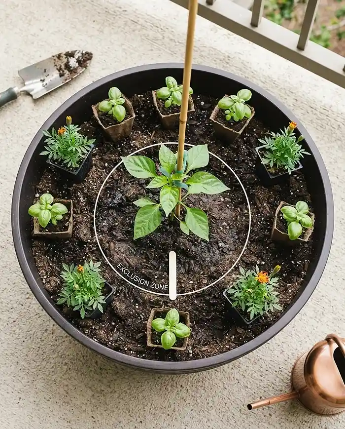 Best Companion Plants for Peppers and Eggplant in Pots 5 Overhead view of a pot with a staked pepper and a marked exclusion zone before adding companions.