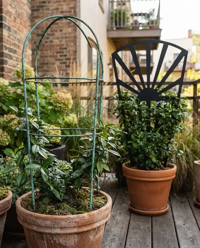 Decorative Plant Supports for Balcony Gardens 3 Oxidized copper hoop and a black fan trellis in pots, examples of decorative plant supports for balcony gardens