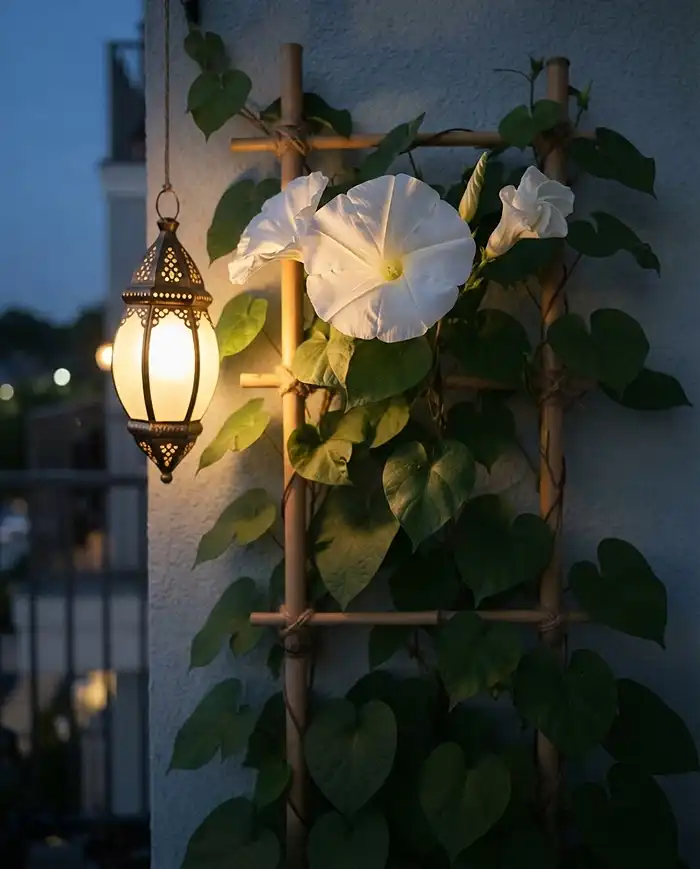 Balcony Garden Lantern Ideas for a Cozy Evening Nook 3 Pale moonflower blooms catching amber lantern light at dusk, glowing alongside peppers for balcony containers in an evening nook