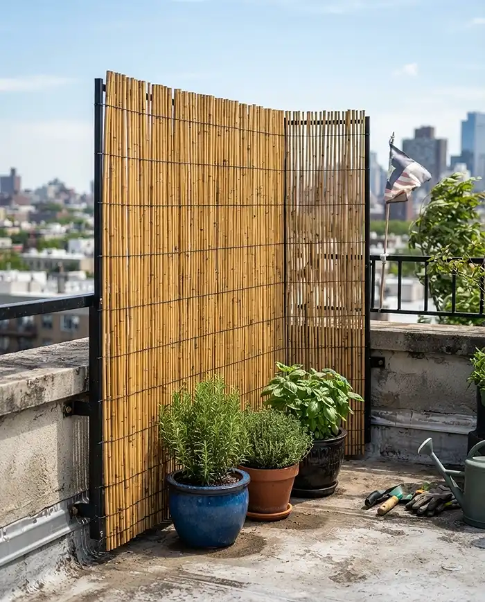 Wind Tolerant Herbs for Balcony Gardens That Thrive 4 Permeable bamboo reed windbreak diffusing wind to shelter herb containers on a rooftop