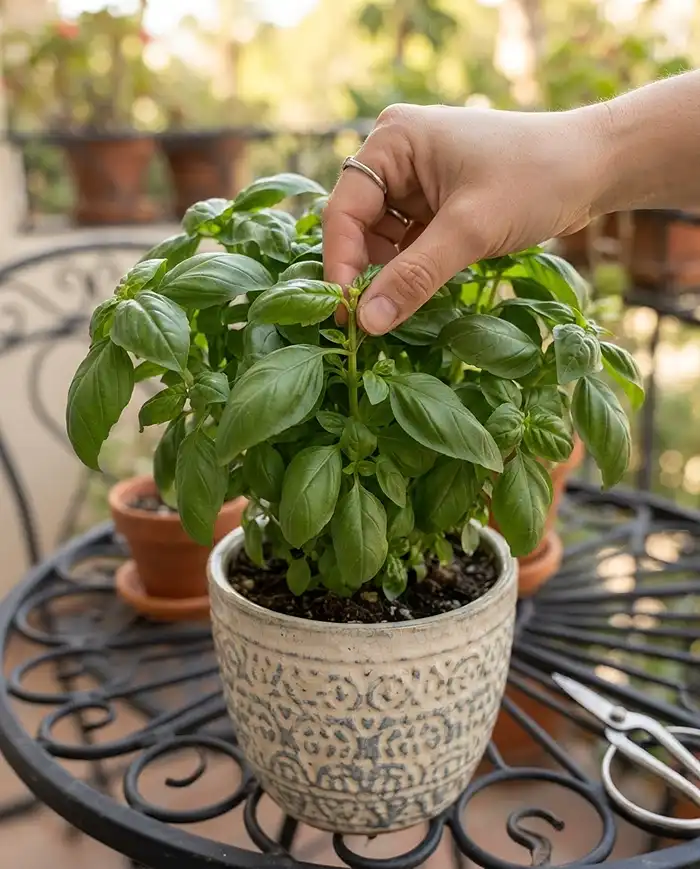Cafe Style Balcony Garden 5 Pinching back the top nodes of a basil plant to force bushy lateral growth on a cafe-style balcony table