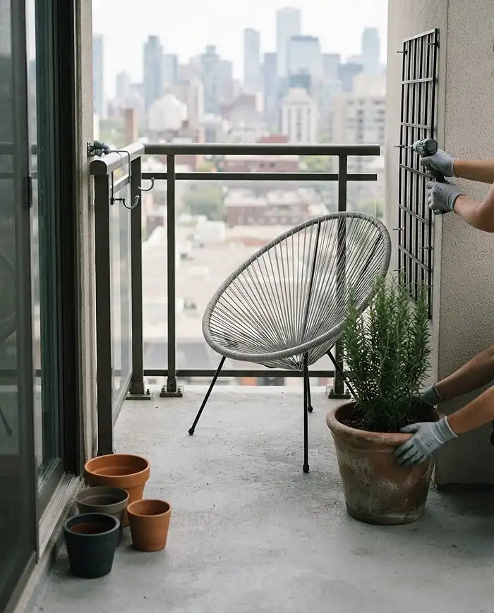 Placing the chair first, then trellises and anchor pots, building a single-chair balcony oasis in the right sequence