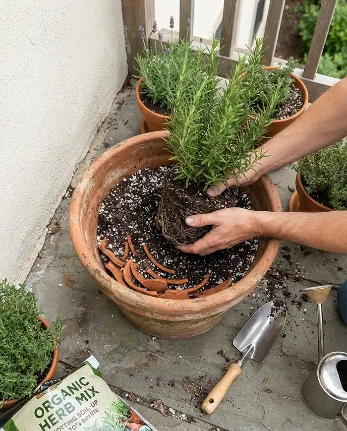 Cafe Style Balcony Garden 4 Planting a herb at nursery depth in a terracotta pot over drainage shards using a perlite-rich potting mix