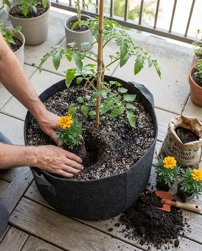 Planting a marigold seedling near the rim of a pot around a centered tomato, spacing companions from the crop roots