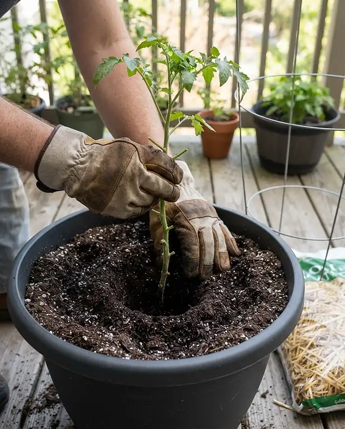 Late Season Tomatoes for Containers That Still Ripen 4 Planting a tomato start deep in a pot with two-thirds of the stem buried to build a fast, large root system
