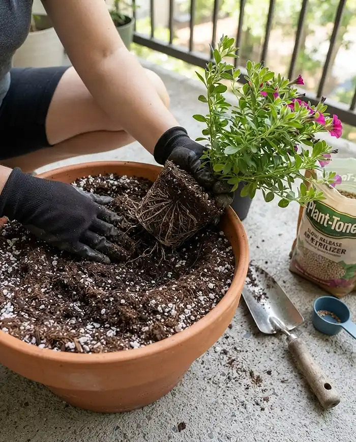 Balcony Corner Garden Ideas for a Cozy Space 4 Planting a trailing flower angled toward the pot rim in perlite-rich mix so it cascades naturally over the edge