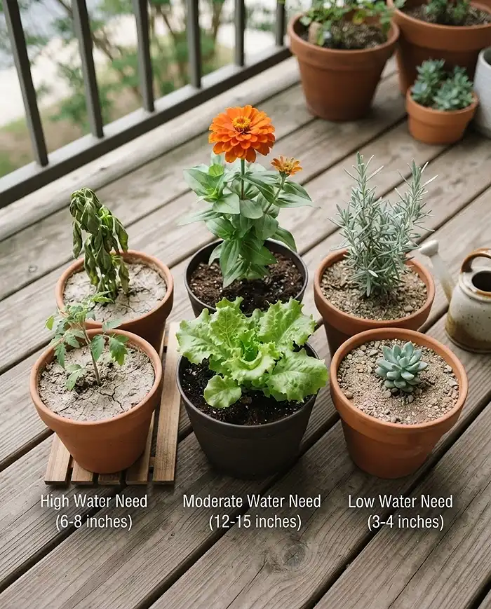 Grouping Plants by Water Needs on a Balcony 3 Plants sorted into high, moderate, and low water tiers when grouping containers by water needs on a balcony.