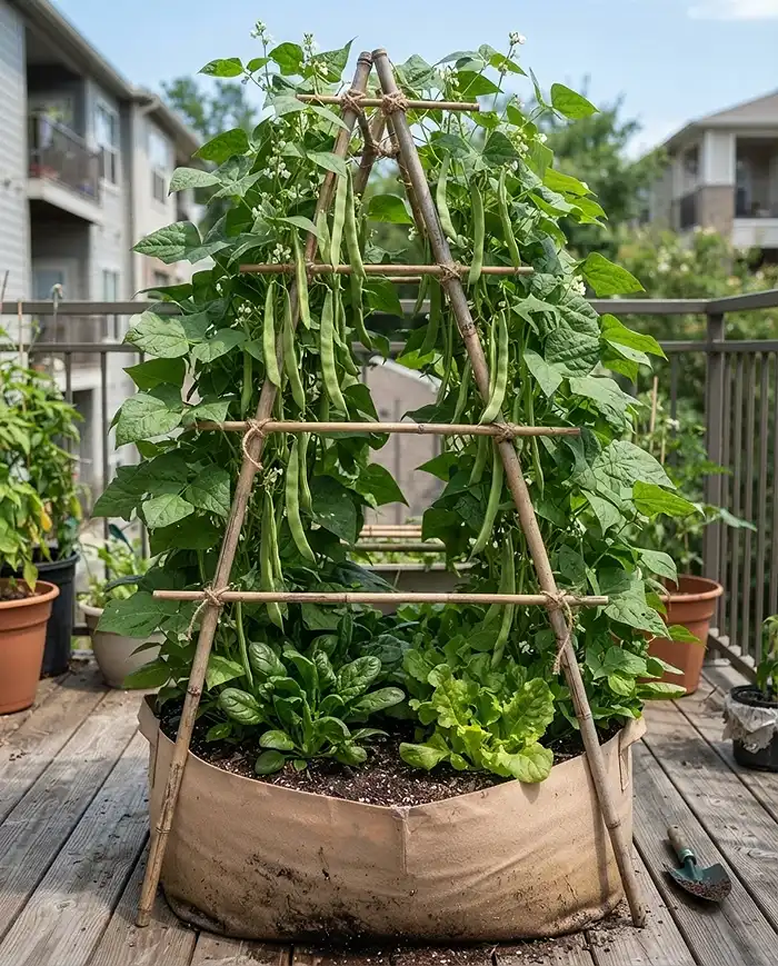 Maximize Balcony Harvest: Grow More in Less Space 4 Pole beans climbing a bamboo A-frame trellis from a pot, freeing ground space for a second crop below