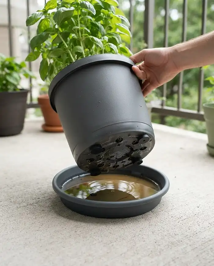 Pot elevated on rubber feet above a deep saucer catching runoff on a balcony floor.