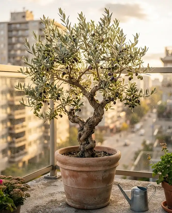 Fall Mediterranean Balcony Ideas You'll Love 3 Potted Arbequina olive tree with darkening olives catching low autumn light on a balcony.