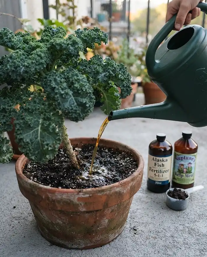 Fall Fertilizer for Container Vegetables: What to Use 3 Pouring diluted fish emulsion into potted kale beside kelp and worm castings, the best fall fertilizer for container vegetables