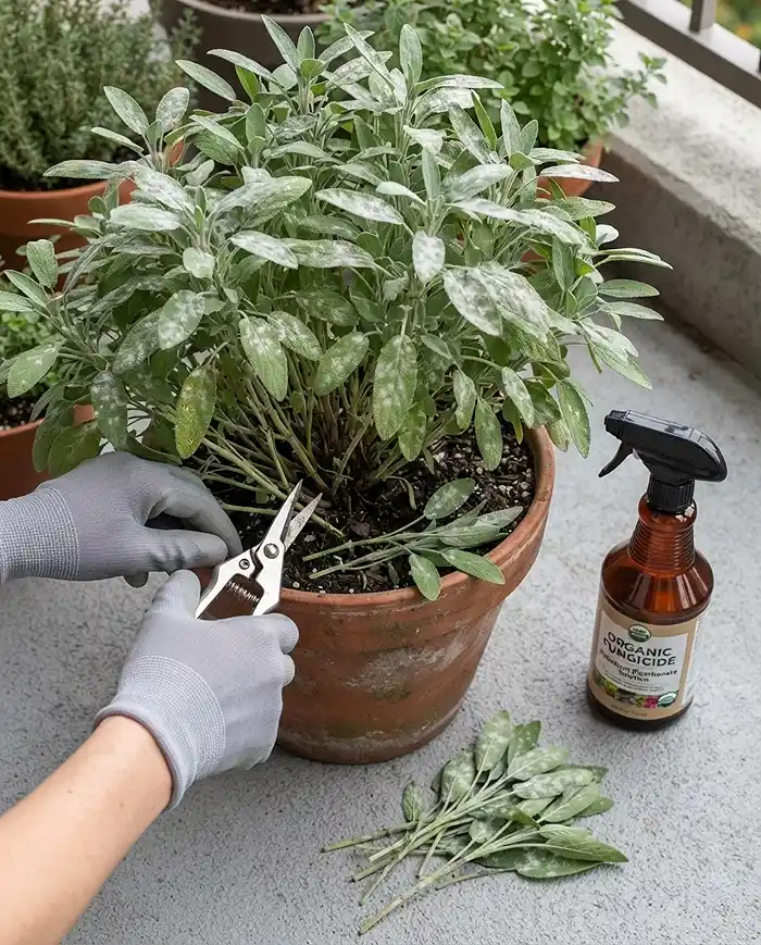 Why Herbs Stop Growing in Fall 5 Powdery mildew on crowded potted herb leaves beside a bicarbonate spray and hand thinning stems to restore airflow.