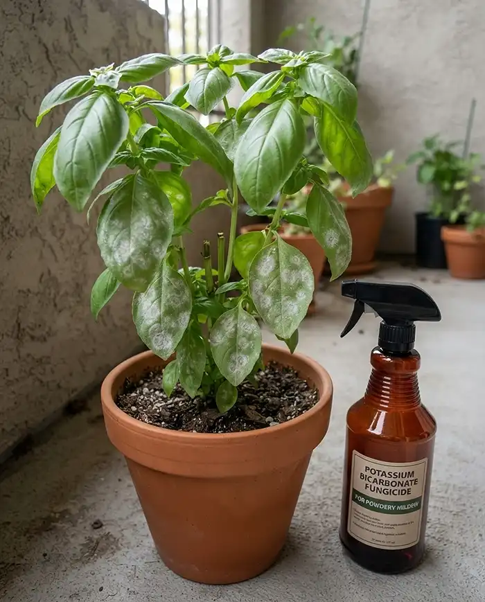 Balcony Corner Garden Ideas for a Cozy Space 5 Powdery mildew on inner basil leaves in a stagnant corner beside a bicarbonate spray bottle used to treat it