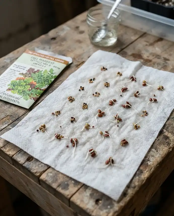 Fall Salad Greens to Plant After Summer Heat 5 Pre-sprouting lettuce and arugula seeds on a damp paper towel to beat hot-soil dormancy.