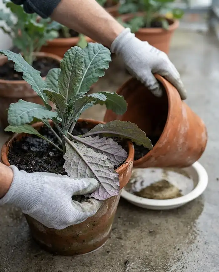 Fall Fertilizer for Container Vegetables: What to Use 5 Purple-tinged brassica leaves and a waterlogged saucer showing phosphorus lockout from cold, wet fall soil