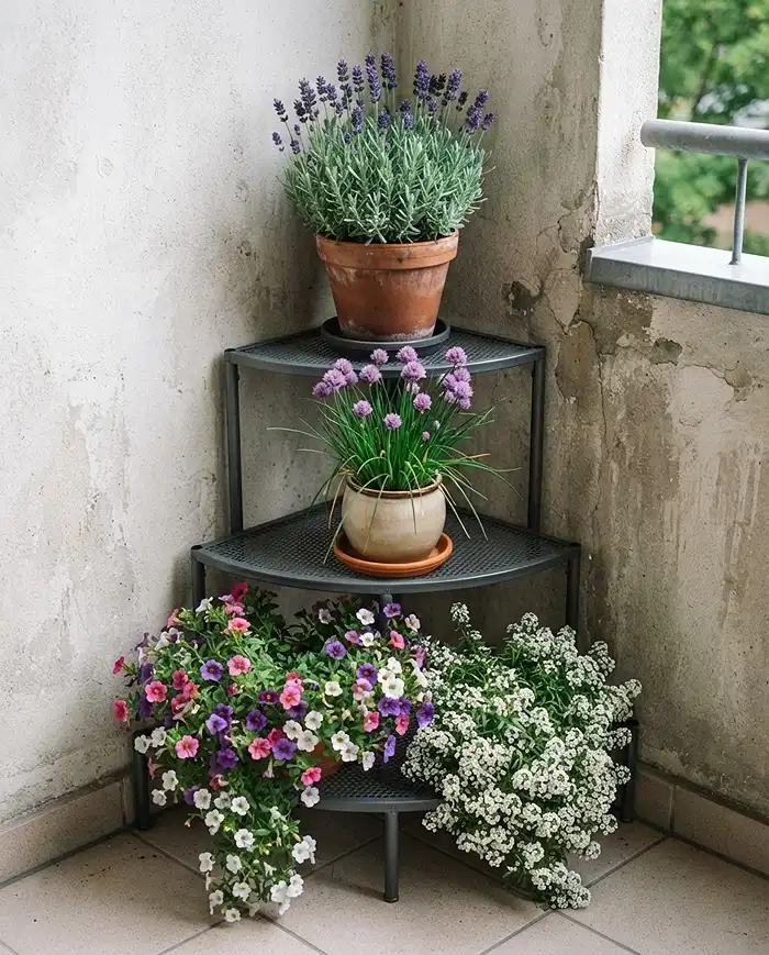 Balcony Corner Garden Ideas for a Cozy Space 3 Quarter-circle three-tier corner stand with upright herbs on top and trailing flowers cascading from the bottom tier