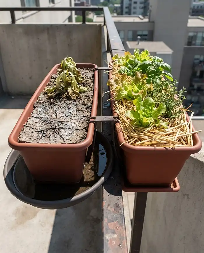 Best Vegetables for Railing Planters in Small Spaces 5 Rehydrating a railing planters hydrophobic soil in a water tray beside a mulched box.