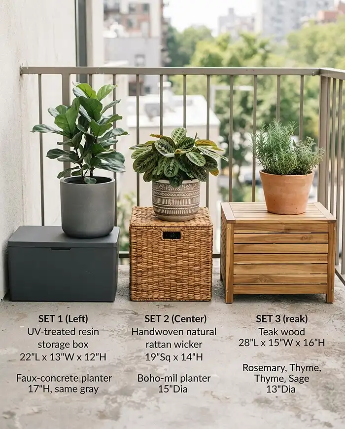 Hidden Balcony Garden Storage That Blends With Planters 4 Resin, rattan, and teak storage boxes matched to coordinating planters for a cohesive balcony look.