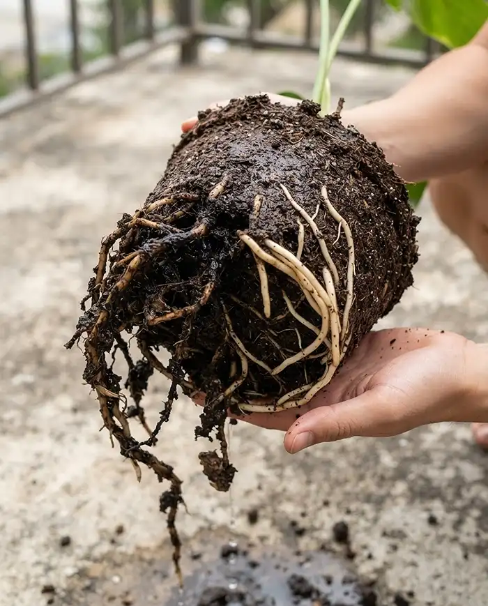 Root ball with black mushy rotted roots caused by waterlogged, poorly draining potting soil.
