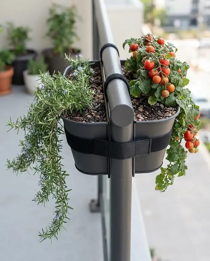 Narrow Balcony Planters That Save Space 4 Saddle planter straddling a balcony railing with inner and outer soil compartments secured by a strap. narrow balcony planters