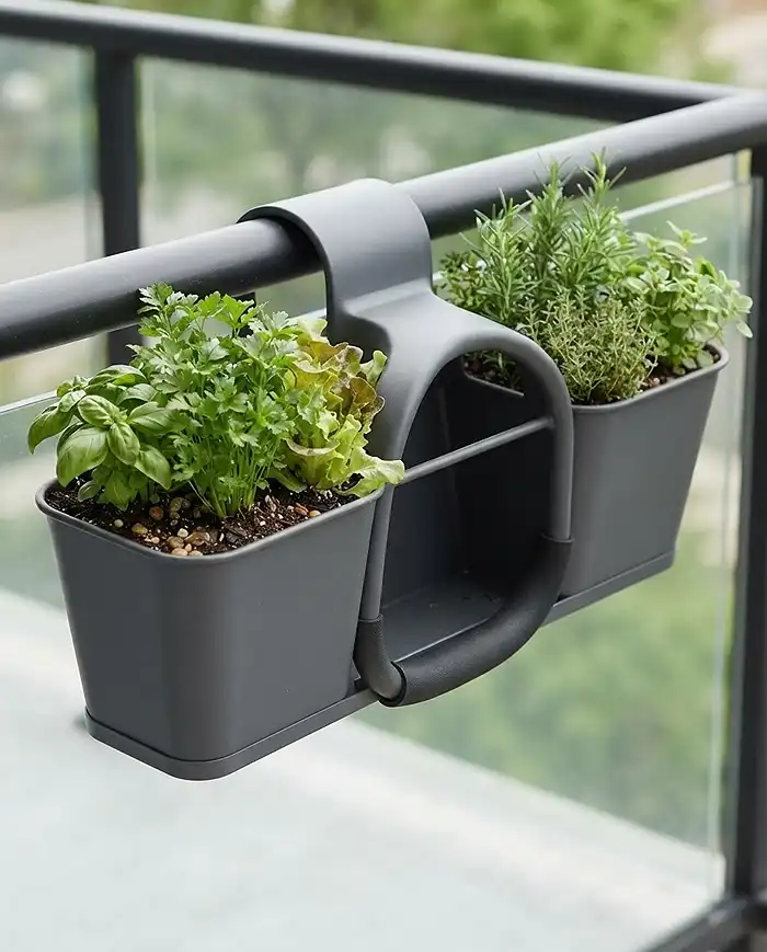 Best Vegetables for Railing Planters in Small Spaces 2 Saddle planter straddling a round balcony railing with balanced interior and exterior pockets.