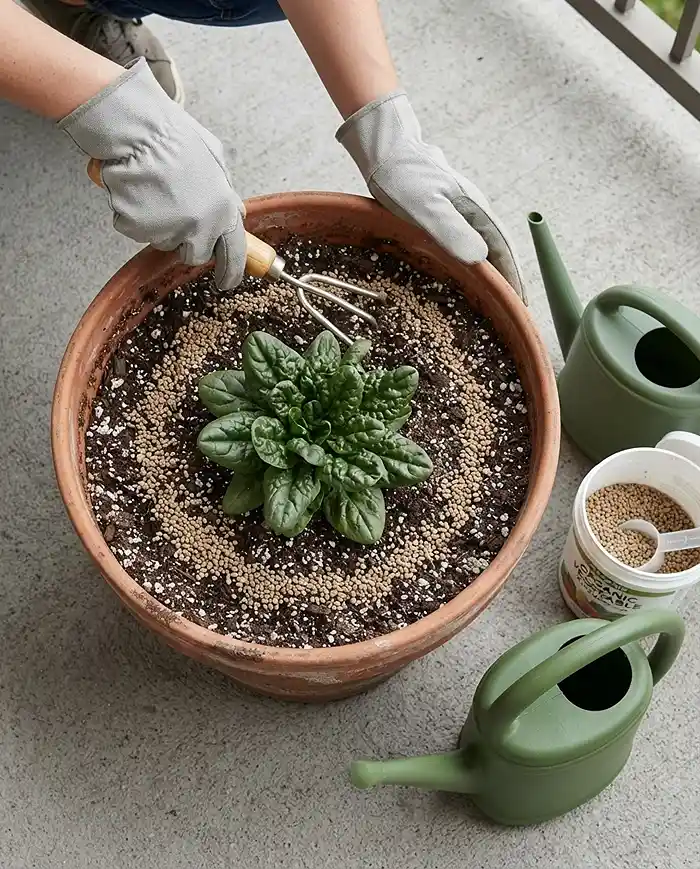Fall Fertilizer for Container Vegetables: What to Use 4 Scratching granular fertilizer into the top half-inch of soil in a ring around a potted plant using the scratch-and-water method