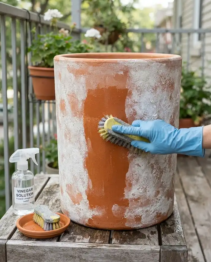 Minimalist Balcony Garden Ideas with Olive Green and Terracotta 5 Scrubbing white efflorescence mineral crust off a terracotta pot with a vinegar solution.
