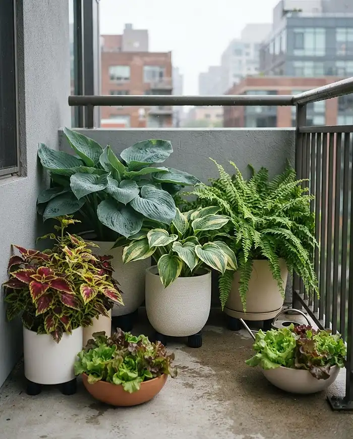 Balcony Plants by Direction 4 Shade-loving hostas, ferns, and coleus in light-colored pots on a cool north-facing balcony