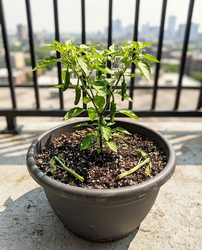 Shishito pepper transplanted after spring peas, the summer stage of crop rotation for peppers for balcony containers