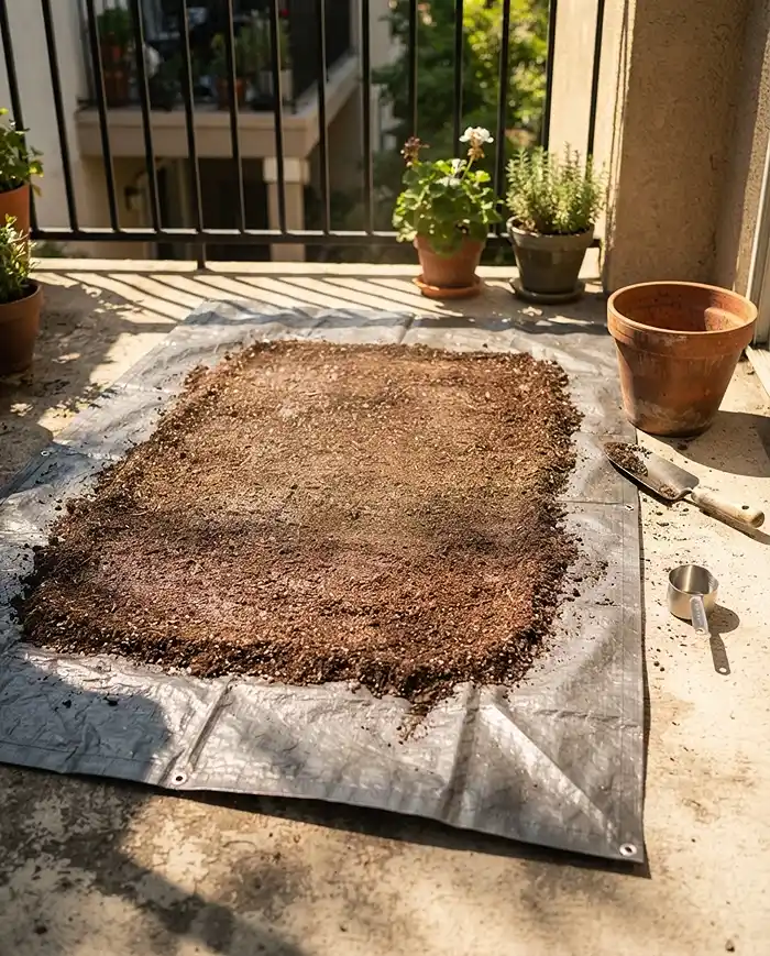 Sifted potting soil spread thin on a dark tarp in full sun to solarize and kill pests.