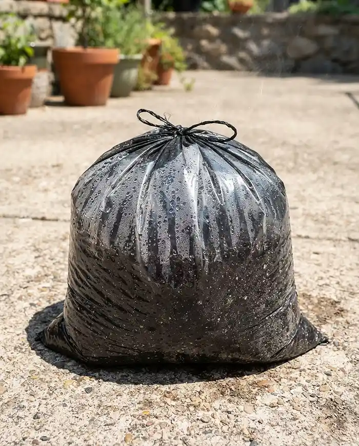 How to Reuse Potting Soil Safely for a New Season 3 Sifted soil sealed in a black bag solarizing in the sun, a key step to reuse potting soil safely without pathogens