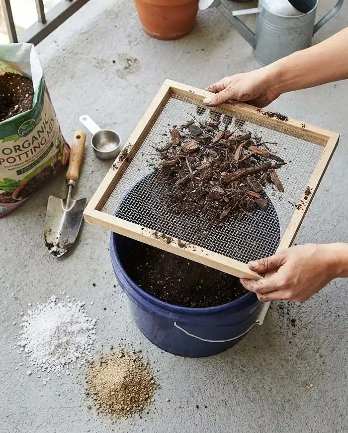 Growing Radishes and Turnips in Containers 3 Sifting potting soil through a screen and adding perlite and sand for growing radishes and turnips in containers.